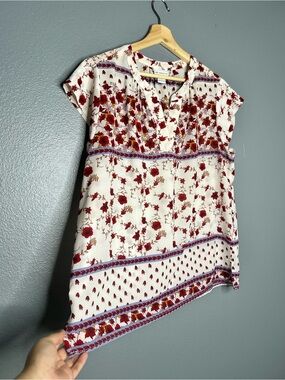 Liz Claiborne Cream Blouse with Red Floral Print and Purple Trim Feminine Large